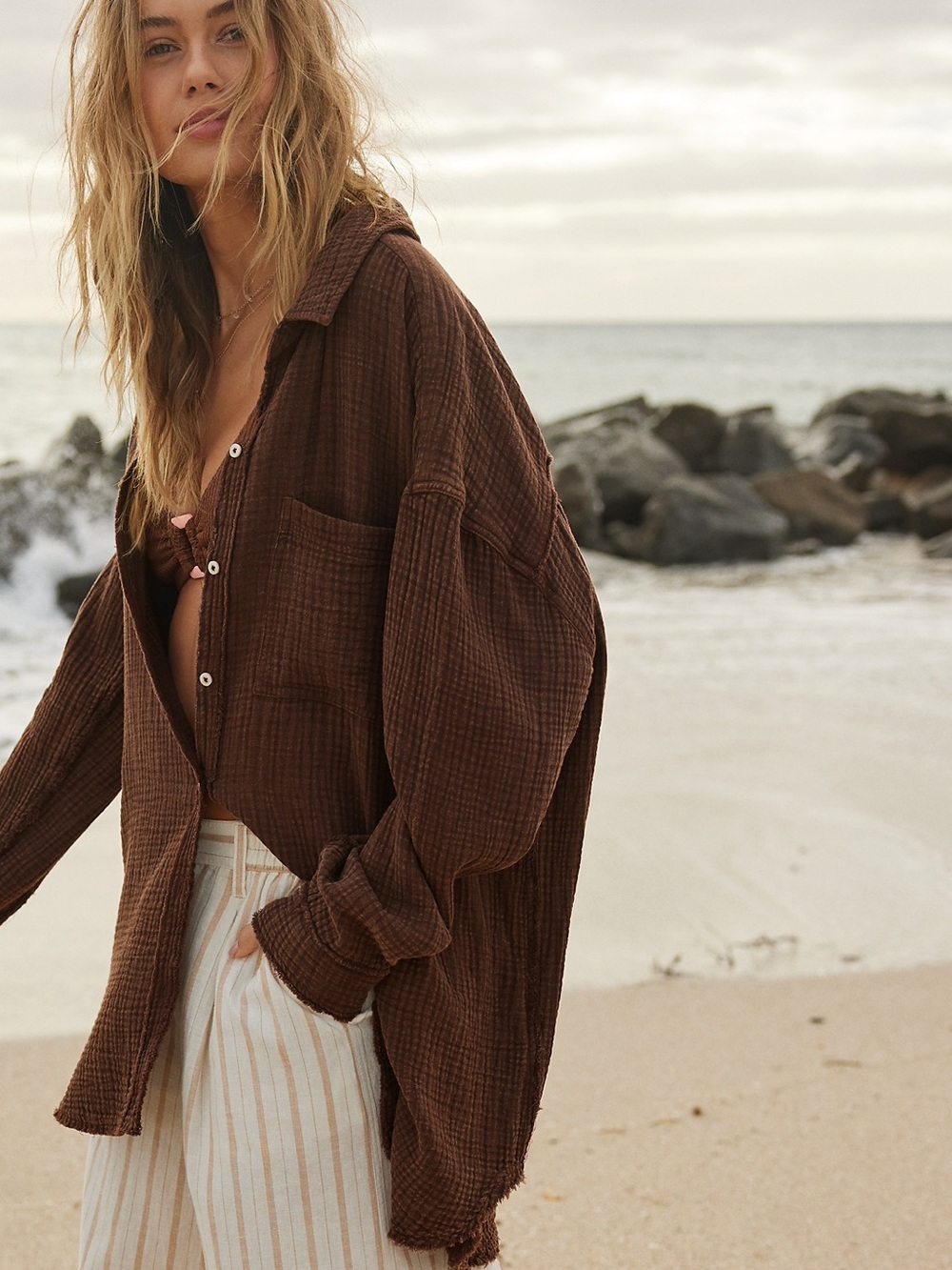 Aerie Gauzy Coverup Shirt Brown Size XSmall